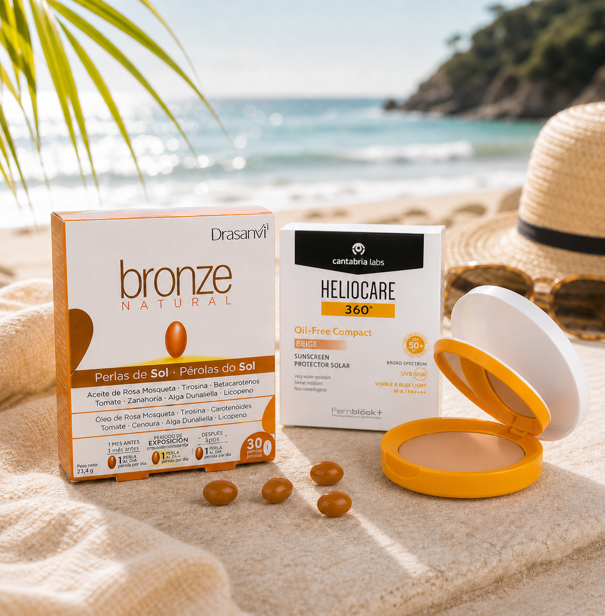 Pack Protección y Bronceado | HELIOCARE 360 Compacto Oil-Free SPF 50+ (10 g) – Cantabria Labs | Bronce (30 perlas) – Drasanvi