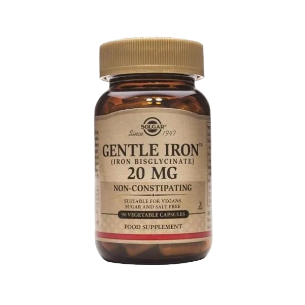 Solgar Hierro 20 mg – Bisglicinato de hierro vegetal, suave para el estómago (90 cápsulas)