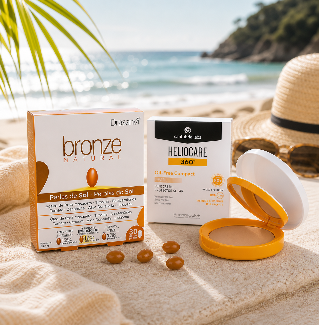 Pack Protección y Bronceado | HELIOCARE 360 Compacto Oil-Free SPF 50+ (10 g) – Cantabria Labs | Bronce (30 perlas) – Drasanvi