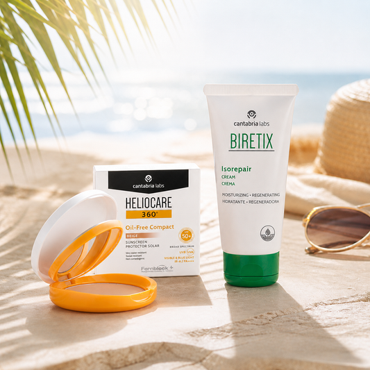 Pack Proteção & Hidratação | HELIOCARE 360 Compacto Oil-Free Beige SPF 50+ (10 g) & BIRETIX Isorepair (50 ml) - Cantabria Labs